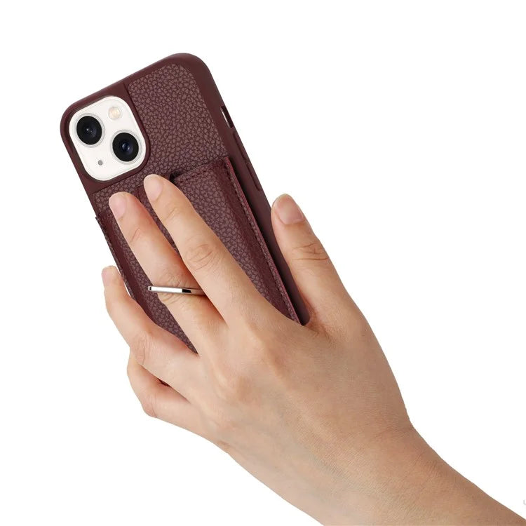 For iPhone 14 / 13 Case Drawing Type Card Slots Litchi Texture Leather Back Cover with Ring Kickstand