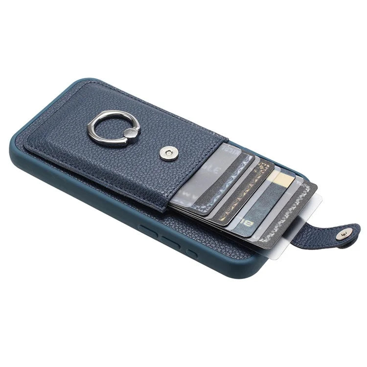 For iPhone 14 / 13 Case Drawing Type Card Slots Litchi Texture Leather Back Cover with Ring Kickstand