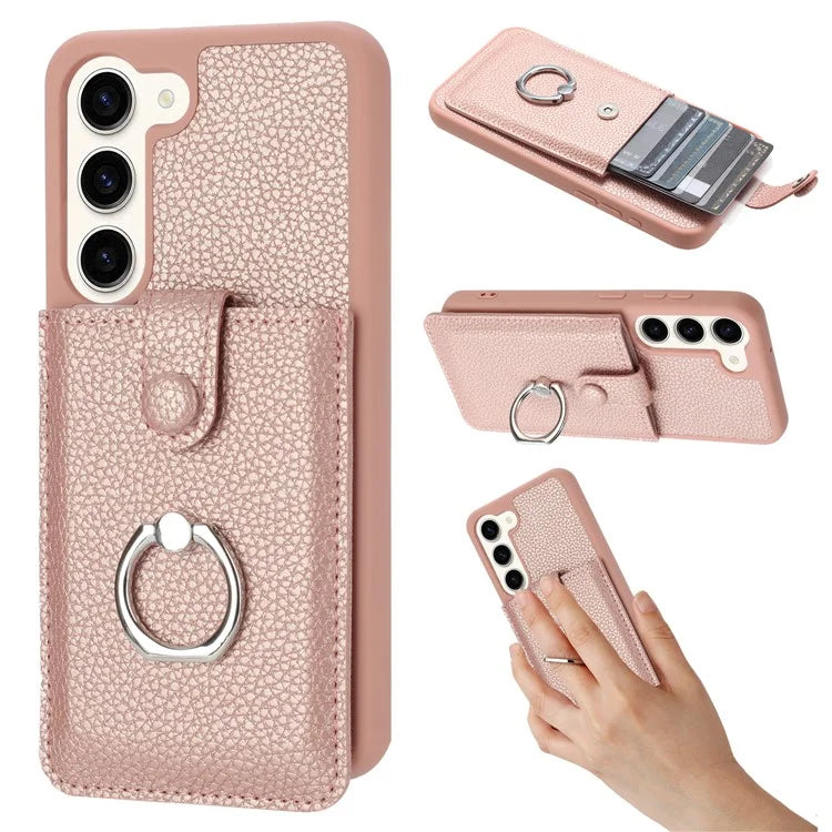 For Samsung Galaxy S23+ Case Drawing Type Card Slots Litchi Texture Leather Back Cover with Ring Kickstand
