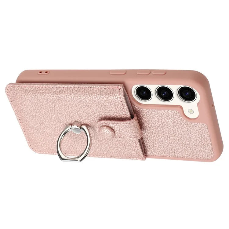 For Samsung Galaxy S23+ Case Drawing Type Card Slots Litchi Texture Leather Back Cover with Ring Kickstand