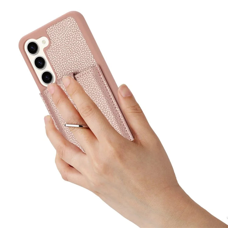 For Samsung Galaxy S23+ Case Drawing Type Card Slots Litchi Texture Leather Back Cover with Ring Kickstand