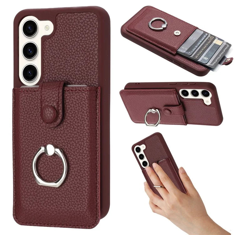 For Samsung Galaxy S23+ Case Drawing Type Card Slots Litchi Texture Leather Back Cover with Ring Kickstand
