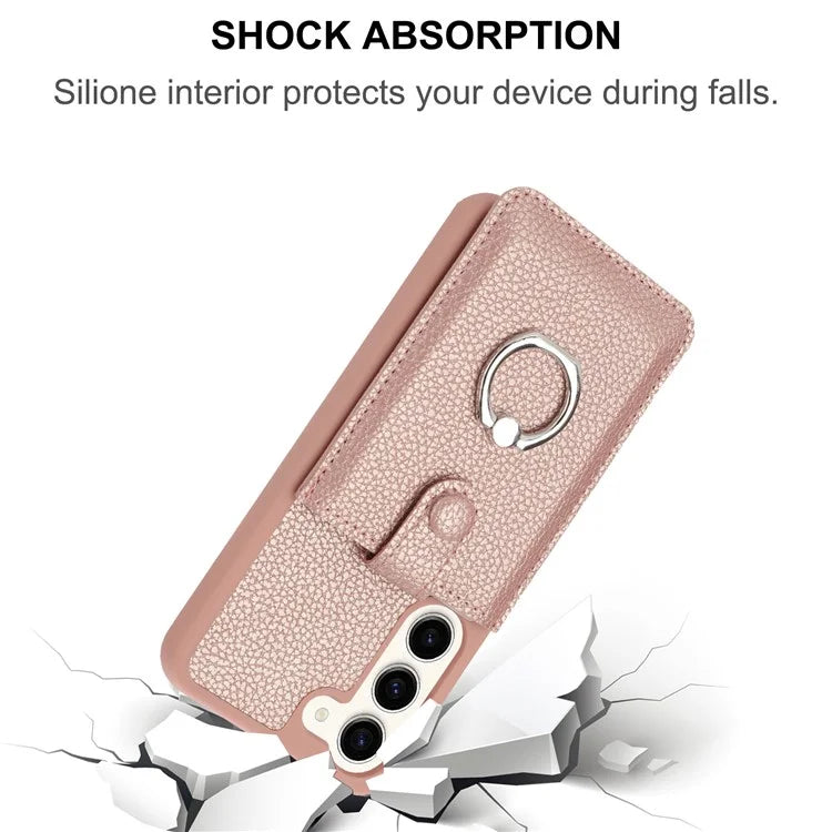 For Samsung Galaxy S23+ Case Drawing Type Card Slots Litchi Texture Leather Back Cover with Ring Kickstand