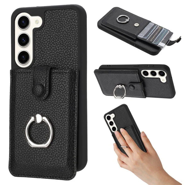 For Samsung Galaxy S23+ Case Drawing Type Card Slots Litchi Texture Leather Back Cover with Ring Kickstand