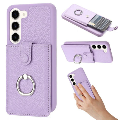 For Samsung Galaxy S23+ Case Drawing Type Card Slots Litchi Texture Leather Back Cover with Ring Kickstand
