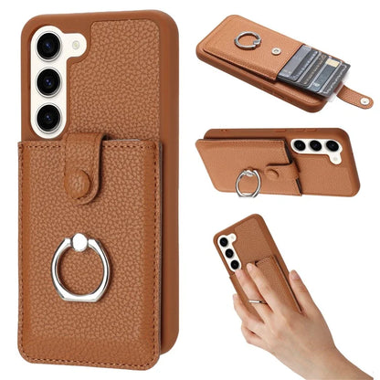 For Samsung Galaxy S23+ Case Drawing Type Card Slots Litchi Texture Leather Back Cover with Ring Kickstand