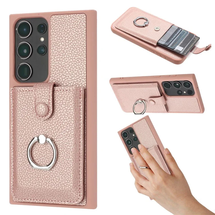 For Samsung Galaxy S23 Ultra Case Drawing Type Card Slots Litchi Texture Leather Back Cover with Ring Kickstand