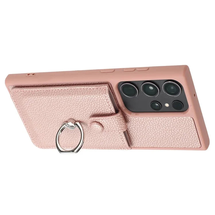 For Samsung Galaxy S23 Ultra Case Drawing Type Card Slots Litchi Texture Leather Back Cover with Ring Kickstand