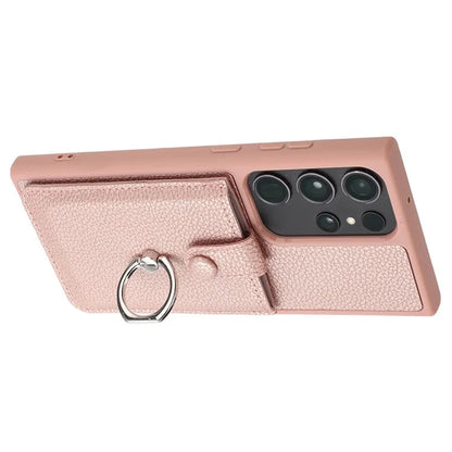 For Samsung Galaxy S23 Ultra Case Drawing Type Card Slots Litchi Texture Leather Back Cover with Ring Kickstand