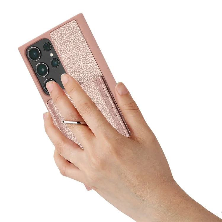 For Samsung Galaxy S23 Ultra Case Drawing Type Card Slots Litchi Texture Leather Back Cover with Ring Kickstand