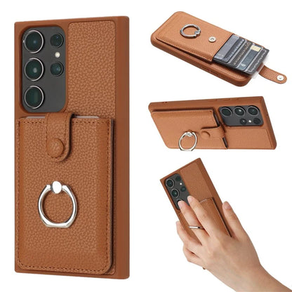 For Samsung Galaxy S23 Ultra Case Drawing Type Card Slots Litchi Texture Leather Back Cover with Ring Kickstand