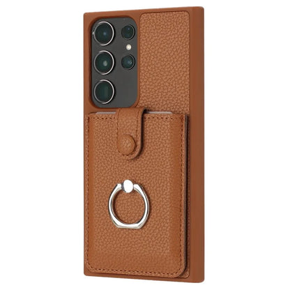 For Samsung Galaxy S23 Ultra Case Drawing Type Card Slots Litchi Texture Leather Back Cover with Ring Kickstand