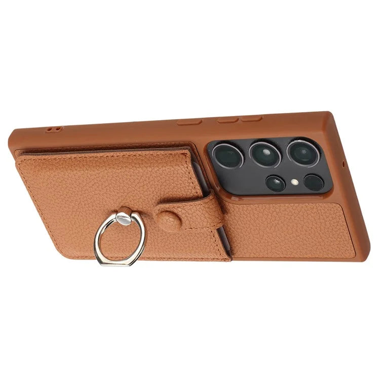 For Samsung Galaxy S23 Ultra Case Drawing Type Card Slots Litchi Texture Leather Back Cover with Ring Kickstand