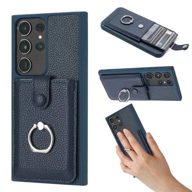 For Samsung Galaxy S23 Ultra Case Drawing Type Card Slots Litchi Texture Leather Back Cover with Ring Kickstand