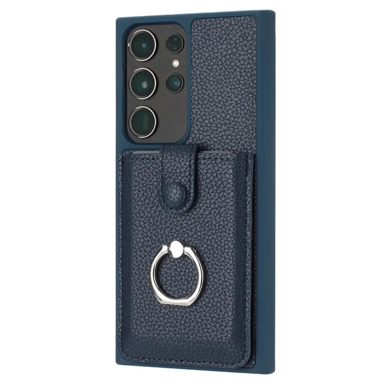For Samsung Galaxy S23 Ultra Case Drawing Type Card Slots Litchi Texture Leather Back Cover with Ring Kickstand