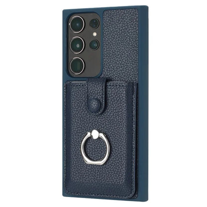 For Samsung Galaxy S23 Ultra Case Drawing Type Card Slots Litchi Texture Leather Back Cover with Ring Kickstand