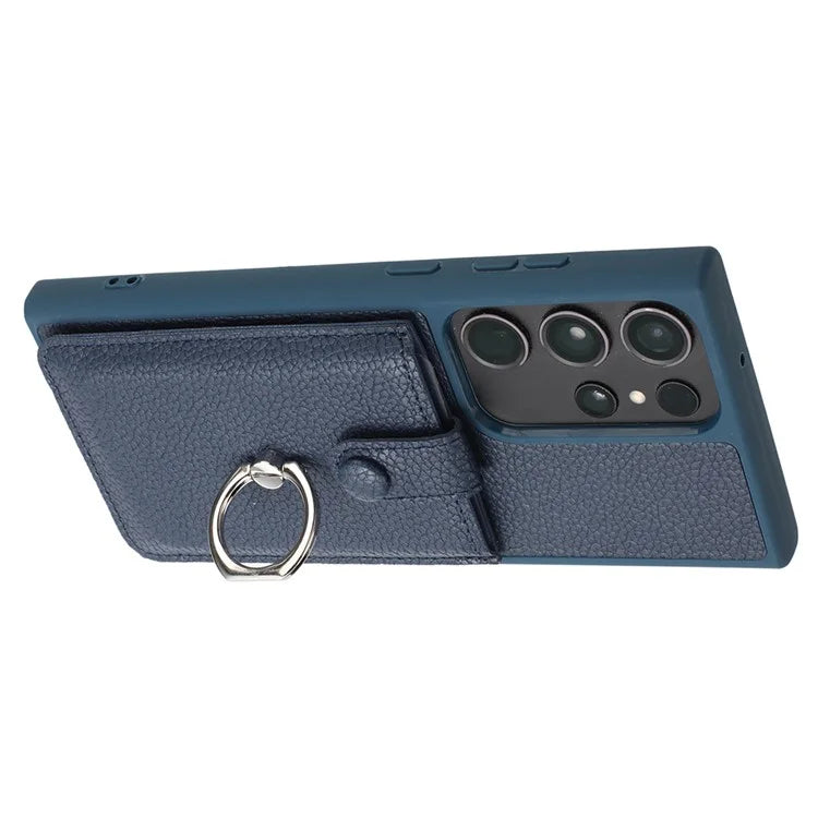 For Samsung Galaxy S23 Ultra Case Drawing Type Card Slots Litchi Texture Leather Back Cover with Ring Kickstand