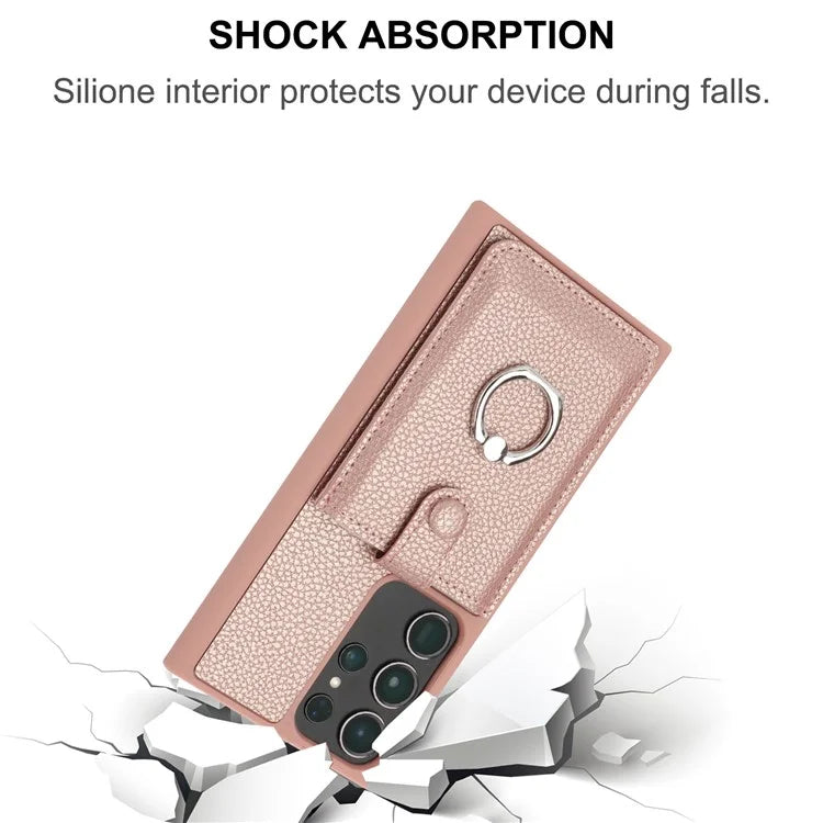 For Samsung Galaxy S23 Ultra Case Drawing Type Card Slots Litchi Texture Leather Back Cover with Ring Kickstand