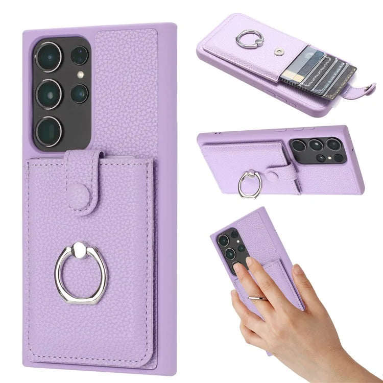 For Samsung Galaxy S23 Ultra Case Drawing Type Card Slots Litchi Texture Leather Back Cover with Ring Kickstand
