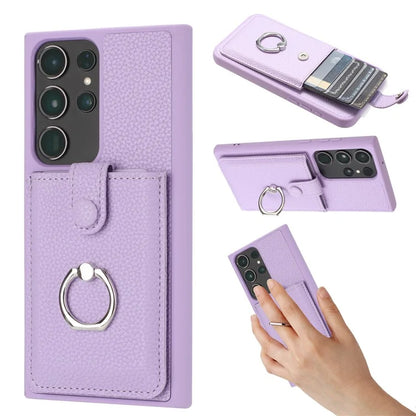 For Samsung Galaxy S23 Ultra Case Drawing Type Card Slots Litchi Texture Leather Back Cover with Ring Kickstand