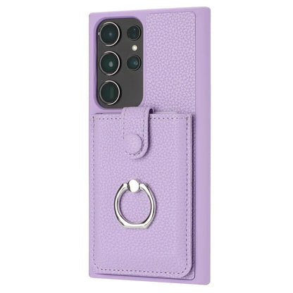 For Samsung Galaxy S23 Ultra Case Drawing Type Card Slots Litchi Texture Leather Back Cover with Ring Kickstand