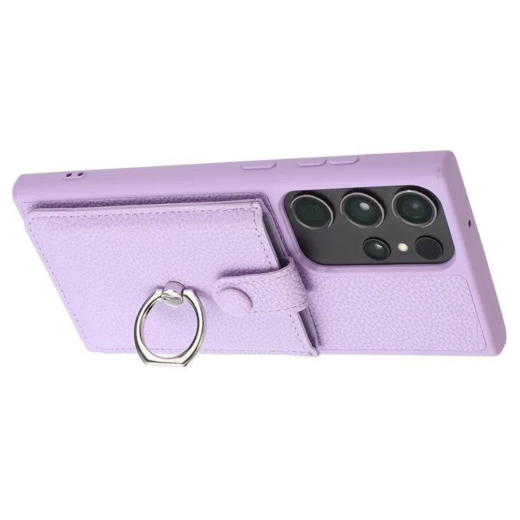 For Samsung Galaxy S23 Ultra Case Drawing Type Card Slots Litchi Texture Leather Back Cover with Ring Kickstand