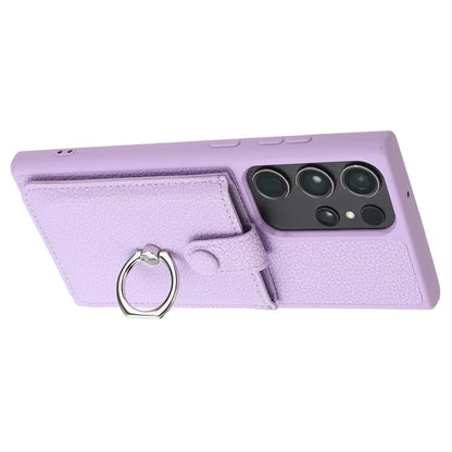 For Samsung Galaxy S23 Ultra Case Drawing Type Card Slots Litchi Texture Leather Back Cover with Ring Kickstand