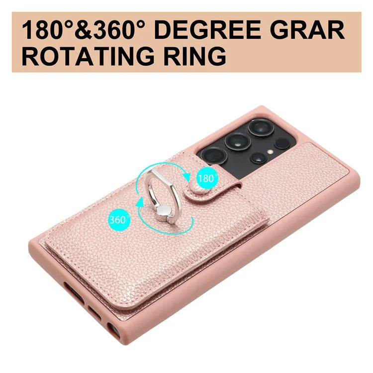 For Samsung Galaxy S23 Ultra Case Drawing Type Card Slots Litchi Texture Leather Back Cover with Ring Kickstand