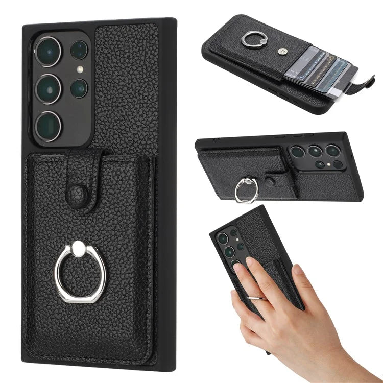 For Samsung Galaxy S23 Ultra Case Drawing Type Card Slots Litchi Texture Leather Back Cover with Ring Kickstand