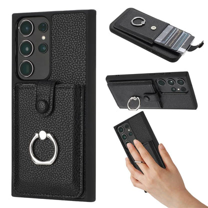 For Samsung Galaxy S23 Ultra Case Drawing Type Card Slots Litchi Texture Leather Back Cover with Ring Kickstand