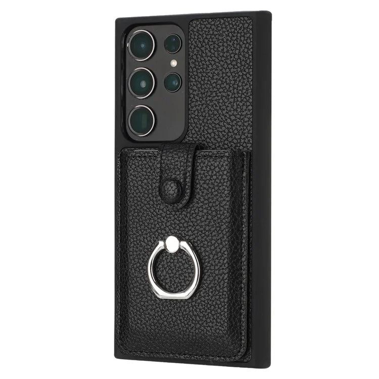 For Samsung Galaxy S23 Ultra Case Drawing Type Card Slots Litchi Texture Leather Back Cover with Ring Kickstand