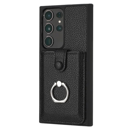 For Samsung Galaxy S23 Ultra Case Drawing Type Card Slots Litchi Texture Leather Back Cover with Ring Kickstand