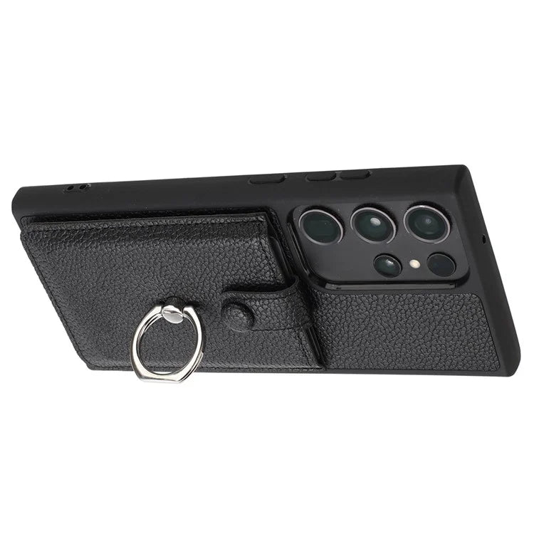 For Samsung Galaxy S23 Ultra Case Drawing Type Card Slots Litchi Texture Leather Back Cover with Ring Kickstand