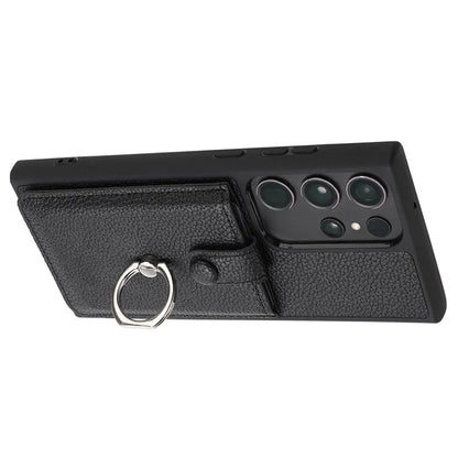 For Samsung Galaxy S23 Ultra Case Drawing Type Card Slots Litchi Texture Leather Back Cover with Ring Kickstand