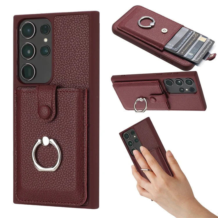 For Samsung Galaxy S23 Ultra Case Drawing Type Card Slots Litchi Texture Leather Back Cover with Ring Kickstand