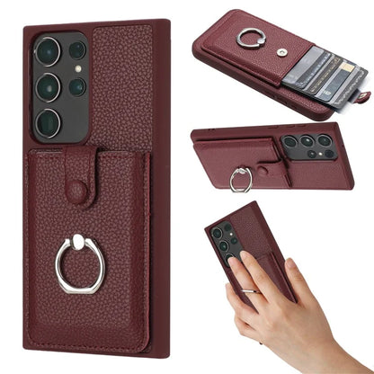 For Samsung Galaxy S23 Ultra Case Drawing Type Card Slots Litchi Texture Leather Back Cover with Ring Kickstand