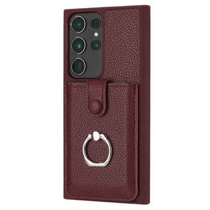 For Samsung Galaxy S23 Ultra Case Drawing Type Card Slots Litchi Texture Leather Back Cover with Ring Kickstand