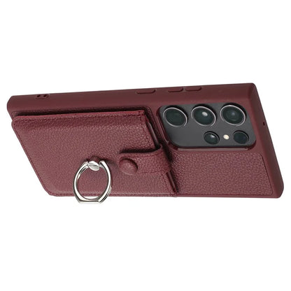 For Samsung Galaxy S23 Ultra Case Drawing Type Card Slots Litchi Texture Leather Back Cover with Ring Kickstand