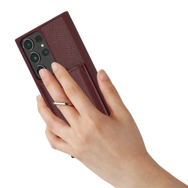 For Samsung Galaxy S23 Ultra Case Drawing Type Card Slots Litchi Texture Leather Back Cover with Ring Kickstand