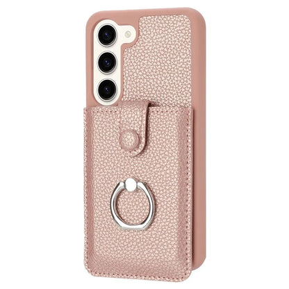 For Samsung Galaxy S23 Case Drawing Type Card Slots Litchi Texture Leather Back Cover with Ring Kickstand