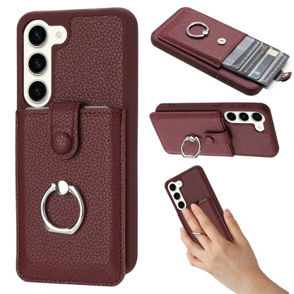 For Samsung Galaxy S23 Case Drawing Type Card Slots Litchi Texture Leather Back Cover with Ring Kickstand