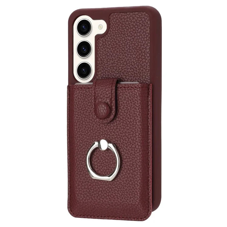 For Samsung Galaxy S23 Case Drawing Type Card Slots Litchi Texture Leather Back Cover with Ring Kickstand