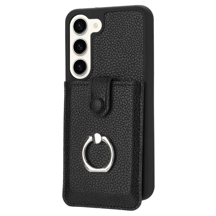 For Samsung Galaxy S23 Case Drawing Type Card Slots Litchi Texture Leather Back Cover with Ring Kickstand
