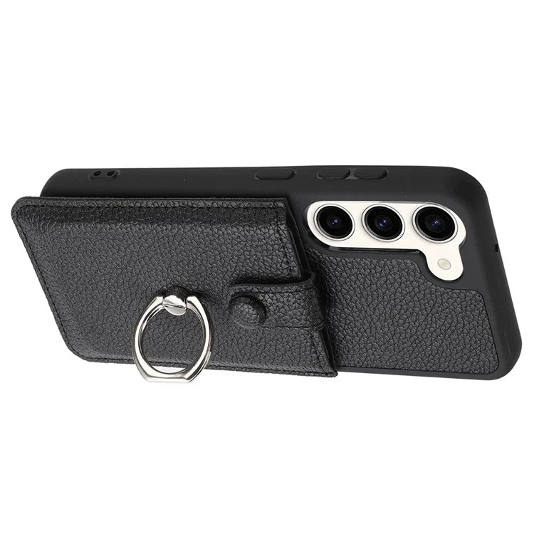 For Samsung Galaxy S23 Case Drawing Type Card Slots Litchi Texture Leather Back Cover with Ring Kickstand