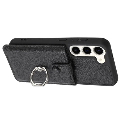 For Samsung Galaxy S23 Case Drawing Type Card Slots Litchi Texture Leather Back Cover with Ring Kickstand