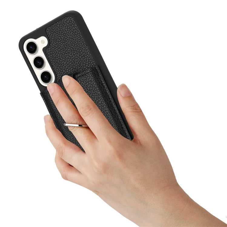 For Samsung Galaxy S23 Case Drawing Type Card Slots Litchi Texture Leather Back Cover with Ring Kickstand