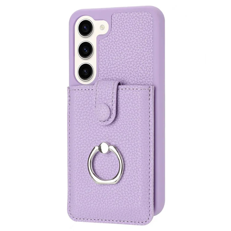 For Samsung Galaxy S23 Case Drawing Type Card Slots Litchi Texture Leather Back Cover with Ring Kickstand
