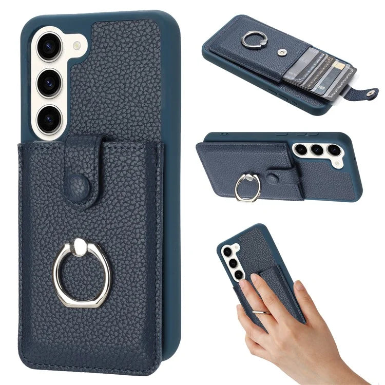 For Samsung Galaxy S23 Case Drawing Type Card Slots Litchi Texture Leather Back Cover with Ring Kickstand