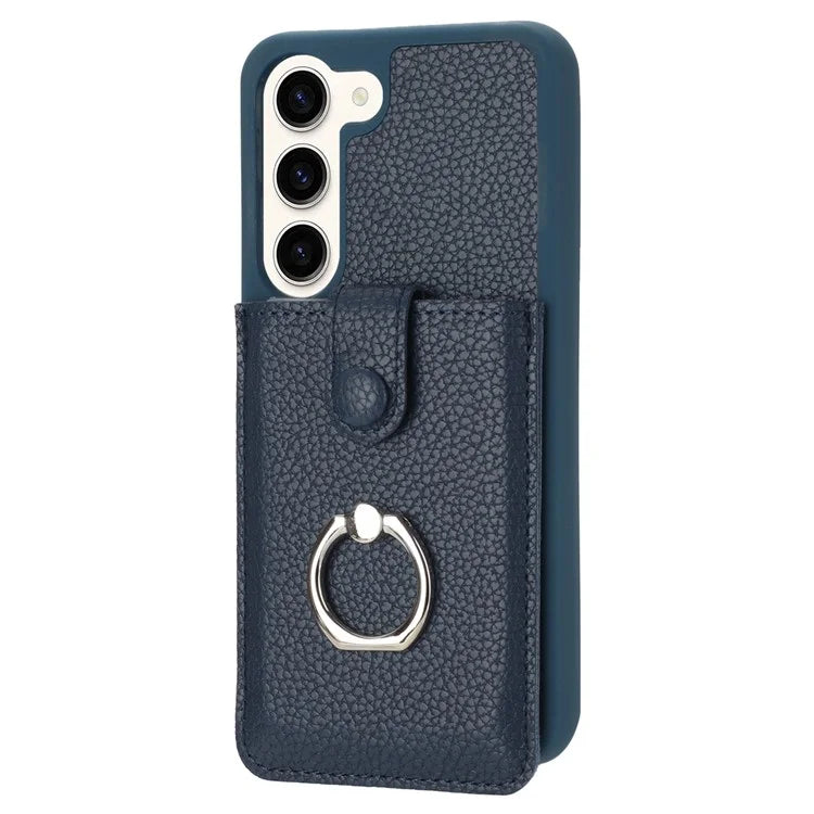 For Samsung Galaxy S23 Case Drawing Type Card Slots Litchi Texture Leather Back Cover with Ring Kickstand