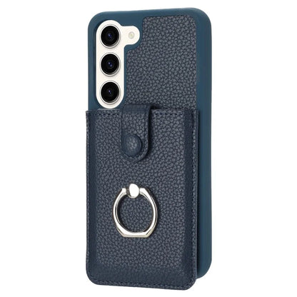 For Samsung Galaxy S23 Case Drawing Type Card Slots Litchi Texture Leather Back Cover with Ring Kickstand